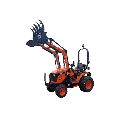 Malotraktor Avenger 26 vybavený čelním nakladačem a odolnými průmyslovými pneumatikami.